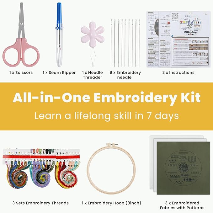 HTVRONT Embroidery Kit for Beginners- 3 Pcs 14 Stitches and 9 Flower Practice Samplers, Pre-Printed Patterns, Step by Step Video, Beginner Embroidery Kit for Adults for Gift for Women