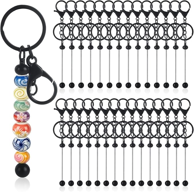 STARVAST 30PCS Beadable Keychain Bars for Beads, Stainless Steel DIY Keychain Blanks Kit, Metal Keychain Making Supplies for Jewelry, Charms & Custom Projects (Black)
