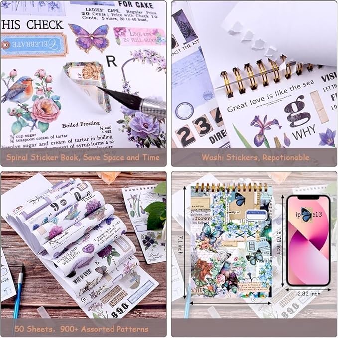Vintage Washi Sticker Book for Journaling - 900+ Scrapbooking Stickers, Ephemera for Junk Journal Supplies DIY Crafts Arts Decorative 50 Sheets (Blue)