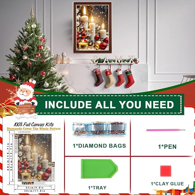 MUNORIAY Christmas Diamond Painting Kits for Adults, Christmas Candle Diamond Art Kits for Beginners, 5D DIY Xmas Full Drill Diamond Dots Gem Art Crafts Kits for Wall Home Decor 12x16 Inch