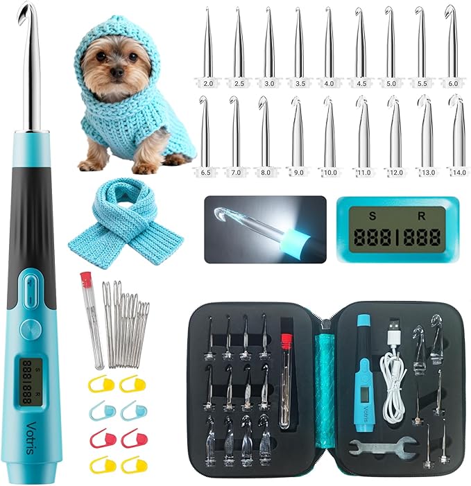 Votris 18 in 1 Counting Crochet Hooks, Light up Crochet Hook Set with Digital Stitch Counter 2.0mm-14.0mm, Rechargeable & Interchangeable Heads Lighted Crochet Hook Set, Ergonomic Handles for Beginner