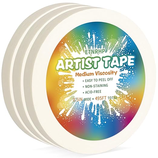 White Art Tape Medium Tack Artist Masking Tape Paper Acid Free Tape Watercolor Painters Tape Artists Tape for Drafting Art Watercolor Painting Canvas Framing, 0.5 inch Wide 495FT Long