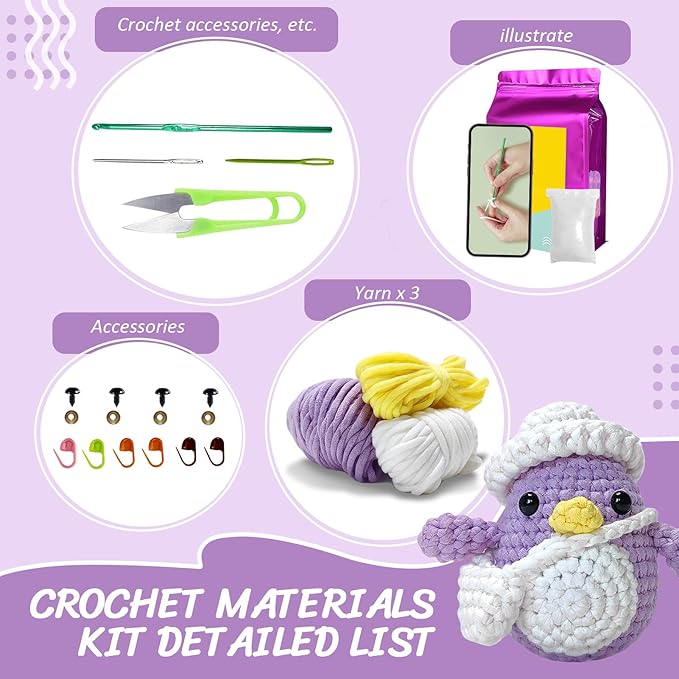 Wadukud Purple Penguin Crochet Kit for Beginners, DIY Crochet Animal Kit for Adults, Crochet Starter Kit with Step-by-Step Video Tutorials, Easter Basket Stuffers Easter Craft Gifts for Girl Kids