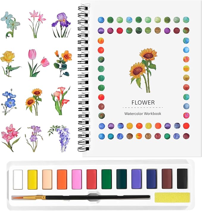 GlisDyck Watercolor Workbook for Beginners, Water Color Paint Book Set with Paints & Brush, 12 Beautiful Flower Patterns of Original DIY Designs, Relaxing & Creative & Joy Adult Coloring Books