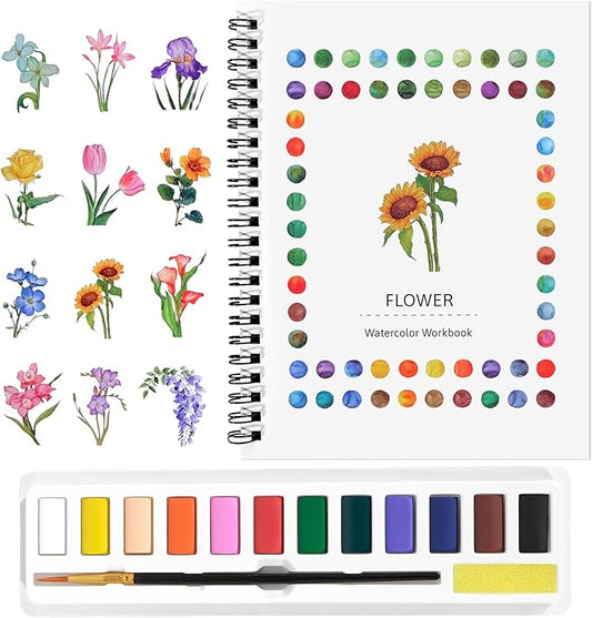 GlisDyck Watercolor Workbook for Beginners, Water Color Paint Book Set with Paints & Brush, 12 Beautiful Flower Patterns of Original DIY Designs, Relaxing & Creative & Joy Adult Coloring Books