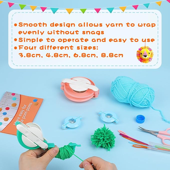 FTEVEN 27Pcs Pom Pom Maker, 4 Size Pompom Maker Kit for Fluff Ball Weave, Crochet Knitting with Scissor and Instruction for Adult DIY Decoration Yarn Knitting Project