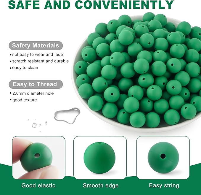 150Pcs 15mm Silicone Beads for Keychain Making Bracelet Necklace, Bulk Round Silicone Beads for Pens（Christmas Green）