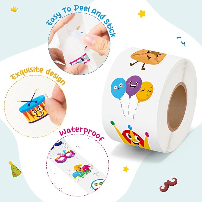 beyumi happy purim sticker roll - 1000pcs happy purim stickers in 2 rolls cute waterproof vinyl masque crown jewish holiday celebration decals gift carnival party laptop bottle scrapbooking decor kids
