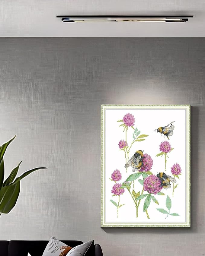 CaptainCrafts Cross Stitch Kits for Adults Stamped 11CT Printed Fabric Cross Stitching DIY Art DMC Needlecrafts Embroidery Kit for Adults (Stamped, Bumblebee Picking Flowers)