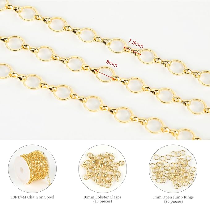 KYUNHOO 13 Feet Light Gold Necklace Chains for Jewelry Making 8MM Circle Link 18K Gold Plated Brass Chain Bulk for Craft DIY with Lobster Clasps and Jump Rings