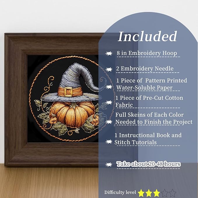 FONNUY Pumpkin Embroidery Kit for Beginners, Pre-Stamped Pattern Kits for Adults with Hoop, Easy to Follow Color Thread Needlework, 8'' Hoop (Witch Hat 1)