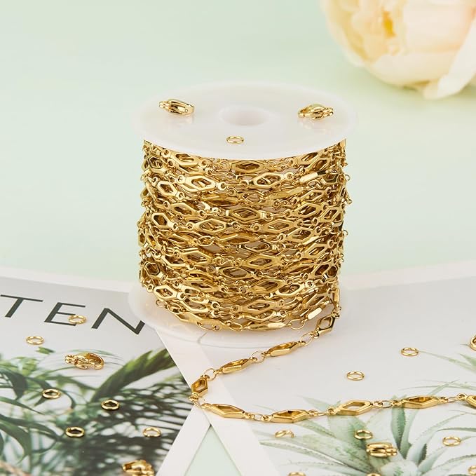 YOUBEIYEE 13 Feet Gold Plated Jewelry Making Chain Roll Stainless Steel Rhomboid Chain for Jewelry Making