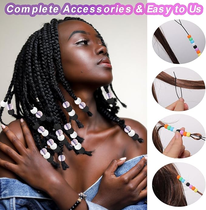 120Pcs 14mm Large Silicone Beads for Hair Braids, Soft Jellyish Hair Beads with 7mm Hole + 50 Rubber Bands and 1 Beader for Braiding, DIY Bracelets Necklaces Crafts(Black)