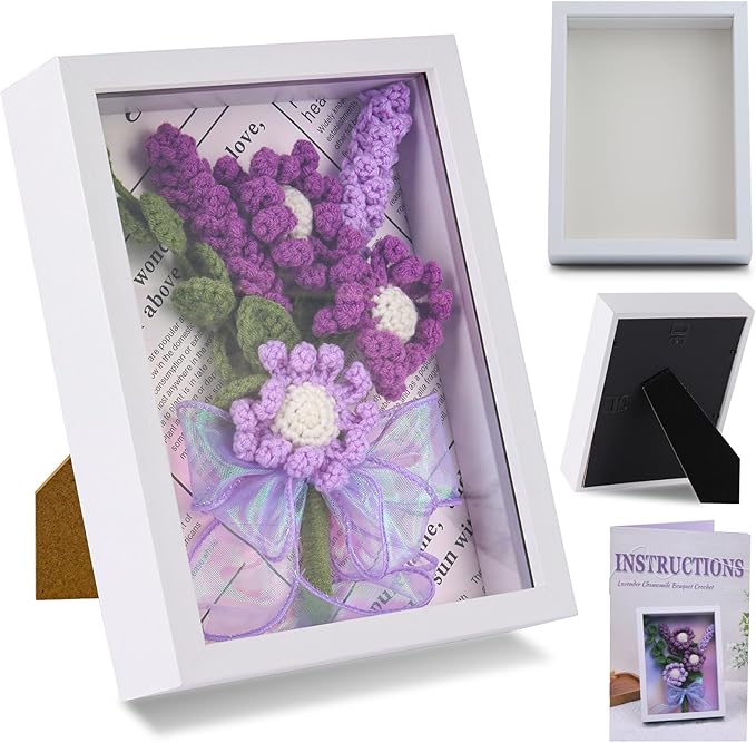 IMZAY Lavender Crochet Kit with Photo Frame, Lavender Knitting Weaving Set with Yarn, Hooks, Instruction, Stitching Markers, Fiber Fill, Floral Wire, Crochet Set for Mother's Day & Christmas