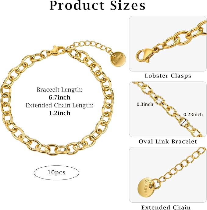 10 PCS 6.7 Inches Charm Bracelet Chains for Jewelry Making Gold Plated Stainless Steel Chain Link Bracelets Set with Lobster Clasps Adjustable Extender