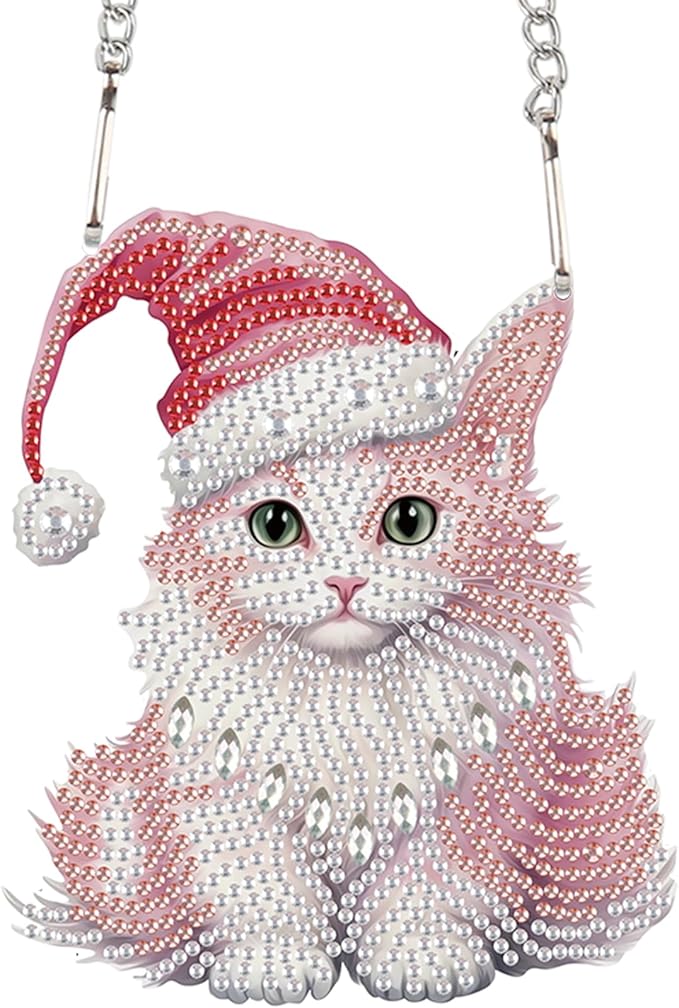 DIY 5D Diamond Painting Hanging Ornament Christmas Cat Design, Crystal Rhinestone Diamond Art Pendant, Handmade Suncatcher for Home, Wall, Window, and Holiday Gift