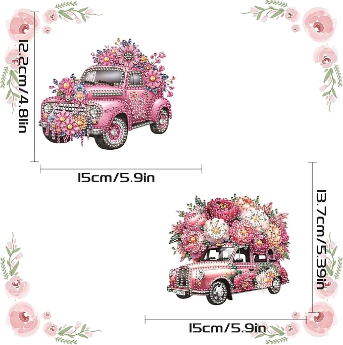 2 Pack Diamond Painting Car Charms – Pink Floral DIY Hanging Ornaments with Rhinestones for Women, Car Mirror or Room Decor