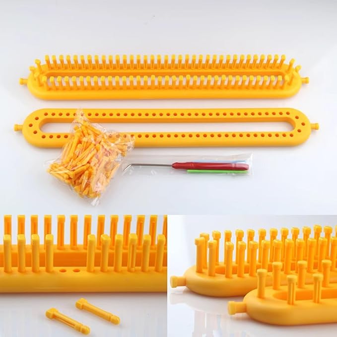 Dense Teeth Rectangle Knitting Looms，Plastic Weaving Looms Set，Weaving Loom，Scarf Hats Making Tools，DIY Crocheting Handmade Craft Kit with a Crochet Hook and Needle for Knitting Lovers，36 cm (Yellow)