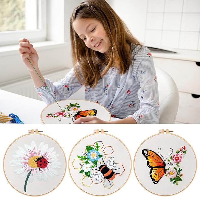 Nuberlic 3 Pack Funny Embroidery Kits for Adults Beginner, Stamped Cross Stitch Kit for Crafts Starters with Cute Bees Butterfly Patterns Include Hoop Cloth Thread Needles Instructions