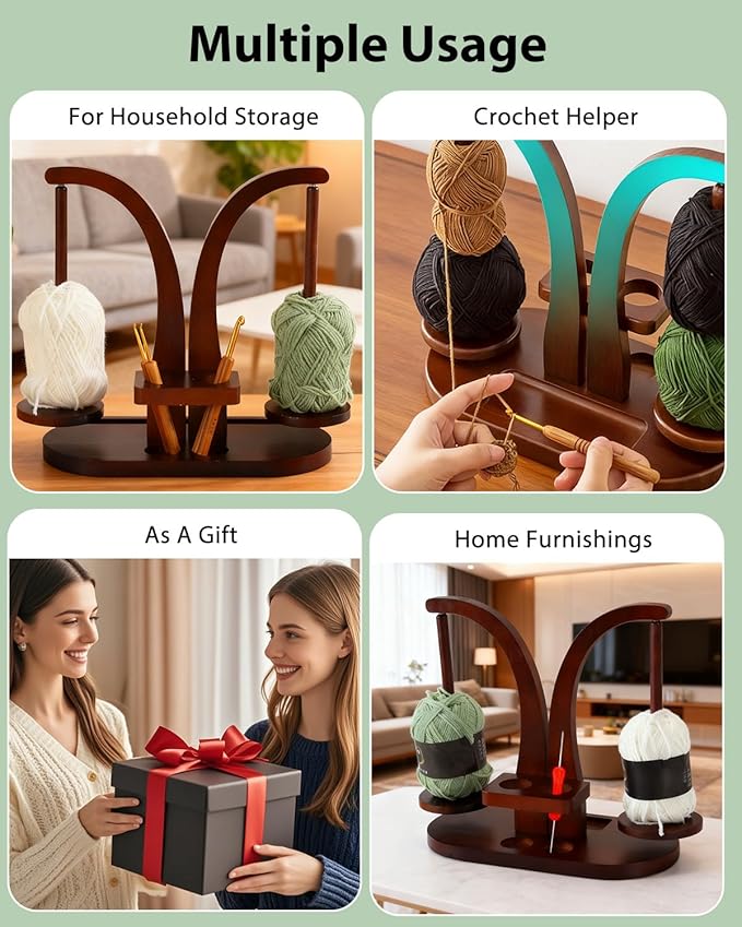 eZAKKA Upgraded Magnetic Yarn Holder Spinner – Double Yarn Holder with Wooden Yarn Spool Rack & Organizer Base, Portable Crochet Yarn Holder for Crocheting and Knitting Lovers, 1 Pack