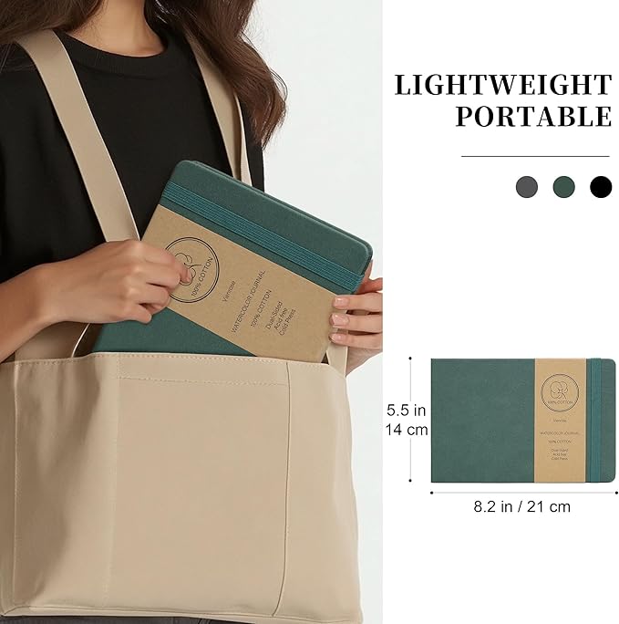 Vienrose Watercolor Sketchbook, 8.25"x5.5" Watercolor Journal with 24 Sheets 48 Pages 140 LB (300 GSM) Cotton Watercolor Paper, Green Leather Cover Water Coloring Sketch Book As Travel Notebook