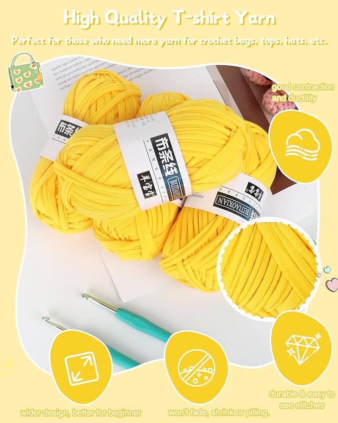 Katech 4 Pack 100g T Shirt Fabric Yarn Kit for DIY Hand Knitting, 130 Yds Spaghetti Yellow Crochet Cloth for Crocheting Bag, Basket & Blanket With 2 PCS Ergonomic Hooks