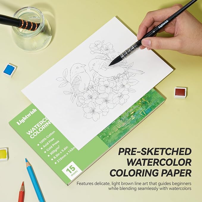 Lightwish Watercolor Coloring Book for Adults & Beginners,100% Cotton 300gsm/140lb Acid-Free Cold Press Paper, 8.3 x 5.6 Inches,15 Sheets,Bird-Themed
