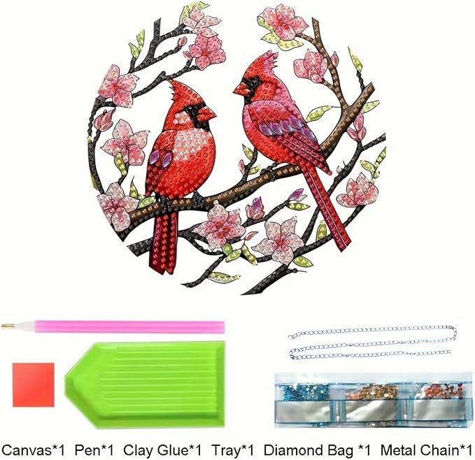 Flower Birdcage Design DIY Diamond Art Painting Wreath Kits Special Shaped Rhinestone Diamond Art Window Pendants Home Garden Wall Hanging Kits (Single Side Point Drill) (#11-Cat) (#38-Cardinal)