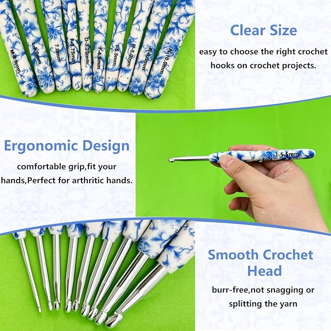 Hobekoee 14 Sizes Crochet Hooks Set,2.25mm(B)-10mm(N) Ergonomic Handle Crochet Hook for Arthritic Hands,Long Crochet Needles Set with Case for Beginners and Enthusiasts