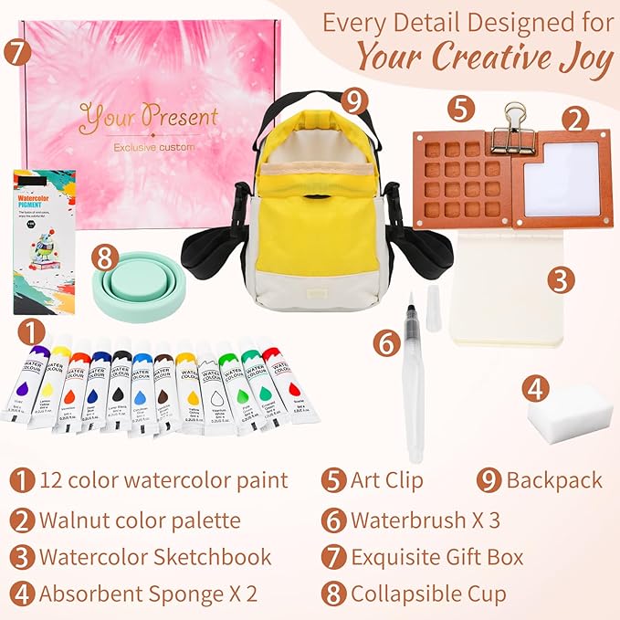 Mini Travel Watercolor Paint Set with Walnut Wood Palette, 12 Vibrant Colors Portable Art Kit with Backpack, Sketchbook, Water Brushes, Small Watercolor Set for Artists, Adults, Plein Air