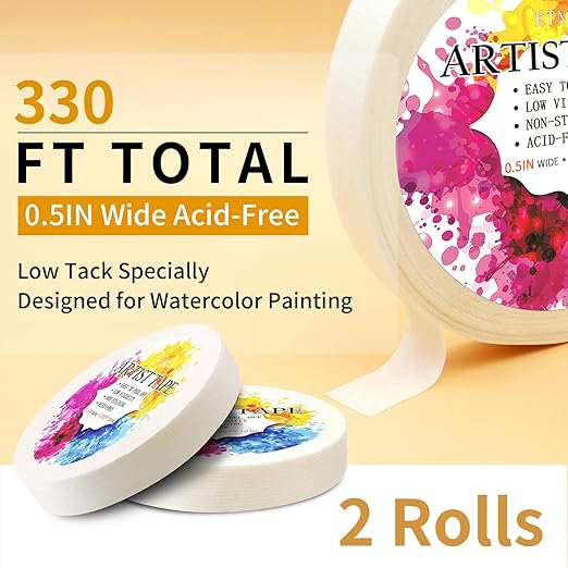 2 Packs White Artist Tape for Watercolor Paper Drafting Art Low Tack Masking Tape Acid Free Painter Watercolor Tape for Painting Canvas Framing, 0.5 inch Wide 330FT Long Total