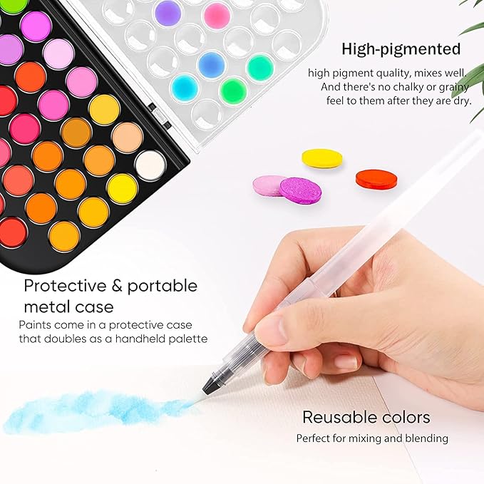 48-Color Watercolor Paint Set With Brush, Refillable Water Brush Pen, Palette, and Water-Washable Paints for Kids, Adults and Artists
