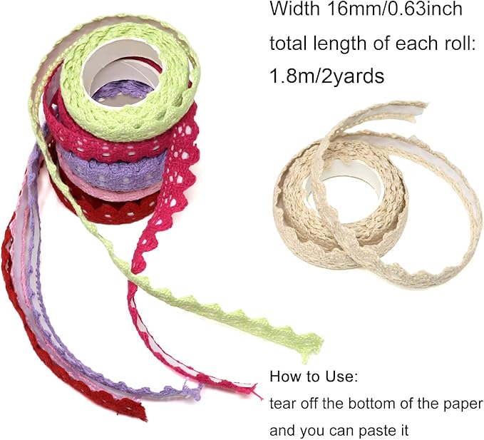 Honbay 6 Rolls of Lace Tapes Fabric Trim Decorative Tapes Lace Pattern Self-Adhesive Tapes Washi Tape Masking Tape for Scrapbook Drawers Cups Books Hats Bags Crafts - 6 Colors, 16mm x 2yards (B)