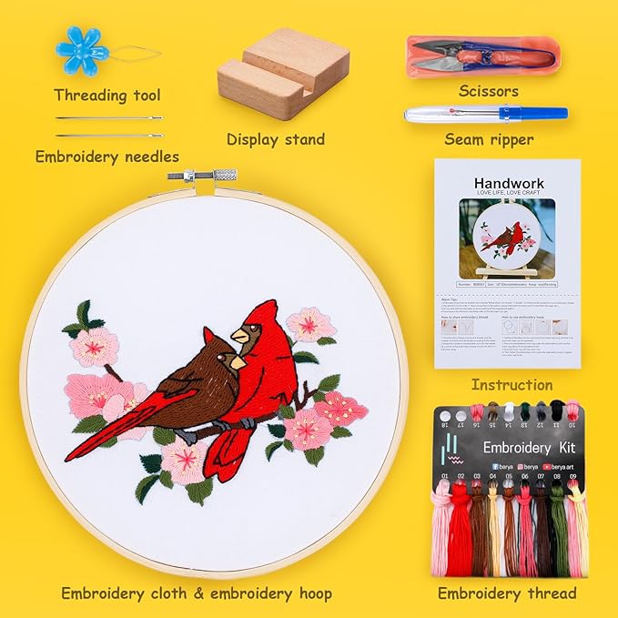 Hummingbird and Flower Embroidery Kit for Adults, DIY Embroidery Kits with Original Design Patterns, Learn to Embroider Kit Beginner with Needles and Thread, Clear Instructions and Video (BEB003)