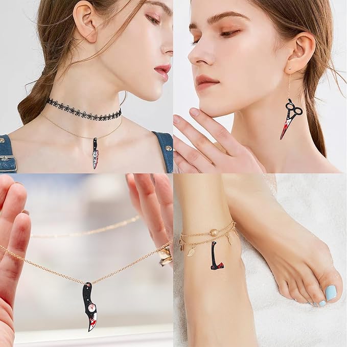 32 Pcs Fake Knife Charms, Halloween Charms Pendant Mini Resin Knives Bead for Women DIY Jewelry Making Crafting Halloween Fake Knives Flower Charms with Box, 16 Styles