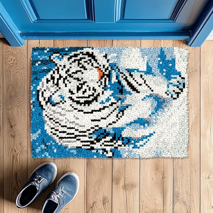 ORIGACH White Tiger Latch Hook Rug Kits, Color Stamped Grid Cloth Handmade Rug, Pattern Printed Carpet Kit, DIY Crochet Rug for Adults Home Decoration Festival Gifts 52 x 38 cm