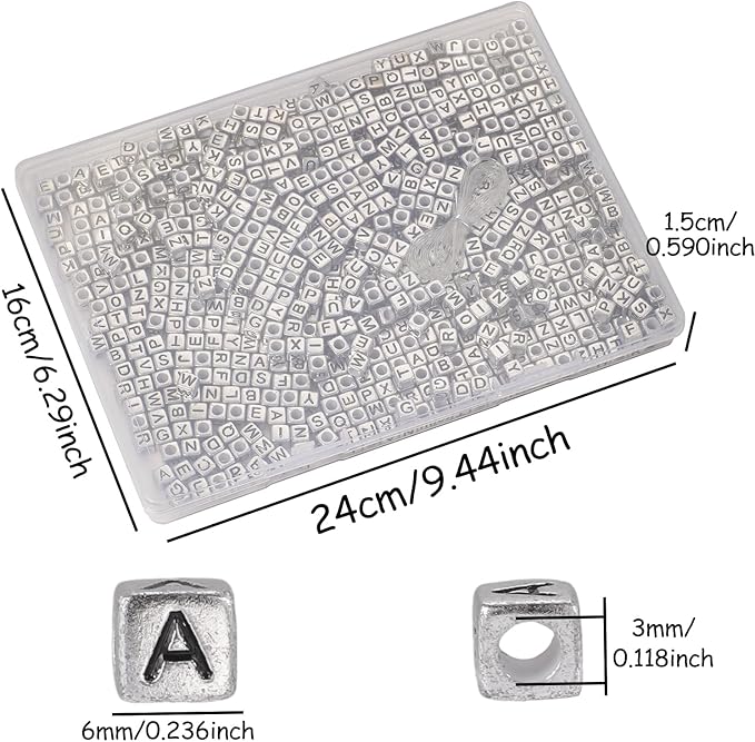 Yochus 1000pcs Round or Square Acrylic Letter Beads Number 4x7mm Alphabet A-Z Bead Friendship Bracelets Jewelry Making Kit for Teen Gifts (Silvery-Cube)