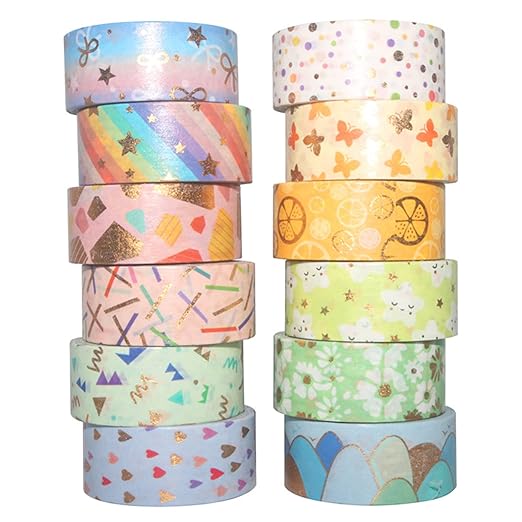 Candy Color Washi Tape Set 12 Rolls Bronzing Decorative Holiday Arts and Craft Washi Masking Tapes for Scrapbooking, Journal, Planner,Gift Wrapping, Stationery