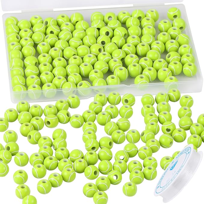 100pcs Tennis Beads with 5.5 Yard Elastic Rope,Acrylic Sports Beads DIY Spacer Bead for Necklace Bracelet Keychains Handmade Jewelry Making Accessories Craft Supplies,12mm(Tennis)