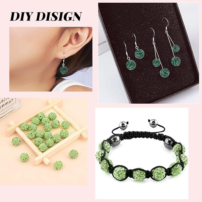 100pcs Green Rhinestone Clay Beads, Round, 10mm (0.39" Diameter, 1.8mm Hole), DIY Craft Bead Kit for Jewelry Making, Bracelets, Necklaces, Earrings