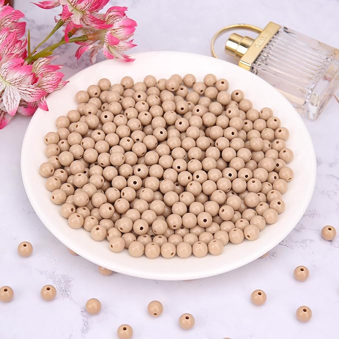 bonny boxx 500pcs 8mm smooth light coffee round beads, plastic resin bubblegum balls chunky gumball beads for necklace and bracelet making, crafting supplies
