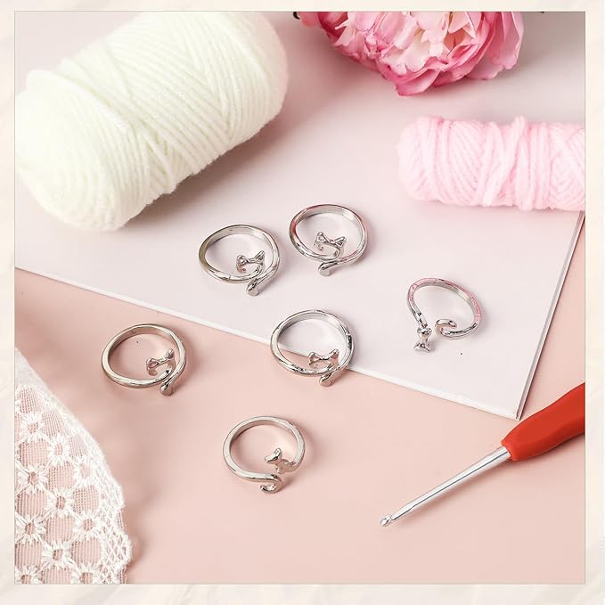6pcs Knitting Crochet Loop Ring for Fingers Metal Open Yarn Guide Crochet Rings Adjustable Braided Faster Knitting Thimbles Holders Accessories for Crochet Mother Grandma Gifts