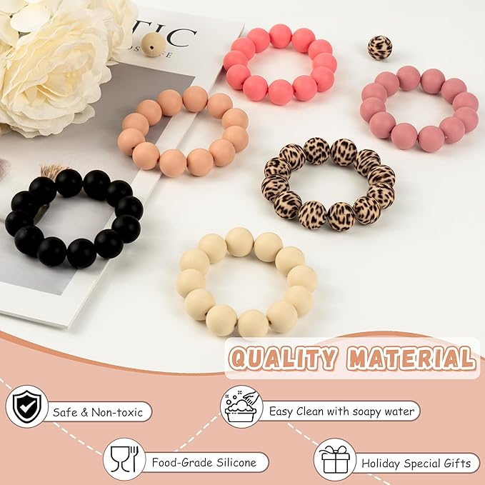 120 Pcs 15mm Silicone Beads for Keychain Making Bracelets Pink Black Leopard Print 6 Mixed Colors Silicone Round Beads Bulk for Crafts Pens Making
