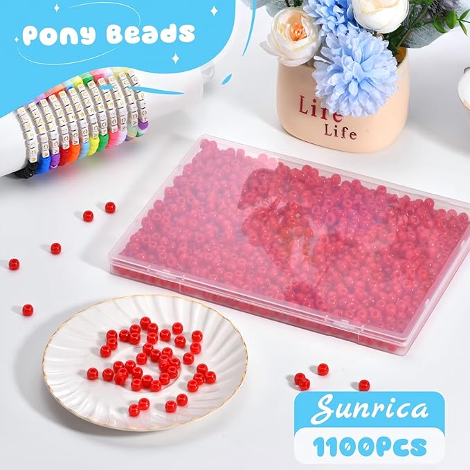 sunrica 1100pcs red pony beads 6x9mm large hole plastic hair beads for braids, kandi bracelets, keychains, jewelry making