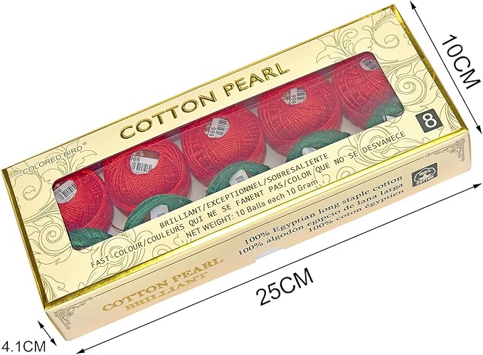 Double Mercerized Egyptian Long Staple Cotton Pearl Thread Ball 10 Grams Rainbow Color Embroidery Thread 10 Colors per Box for Crochet Hardanger Cross Stitch Hand Embroidery,red Green