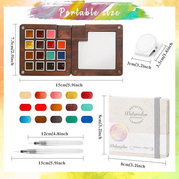 Mini Paint Palette Travel Kit - Mini Travel Watercolor Palette Set, Pocket Artist Water Color Travel Set with Colours, Binder Clips, Watercolor Pens, Wooden Paint Box for Painters Artists Students