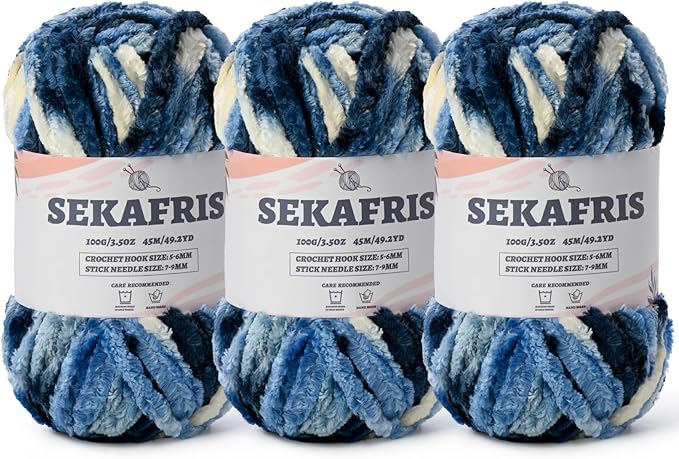 Fuzzy Chunky Chenille Yarn for Crocheting，Soft Plush Yarns for Hand Knitting，Bulky 3x100g（3x49.2 yd） Baby Blanket Yarn for Crocheting Amigurumi，Crochet Fluffy Velvet Yarns (3 Blue-White)
