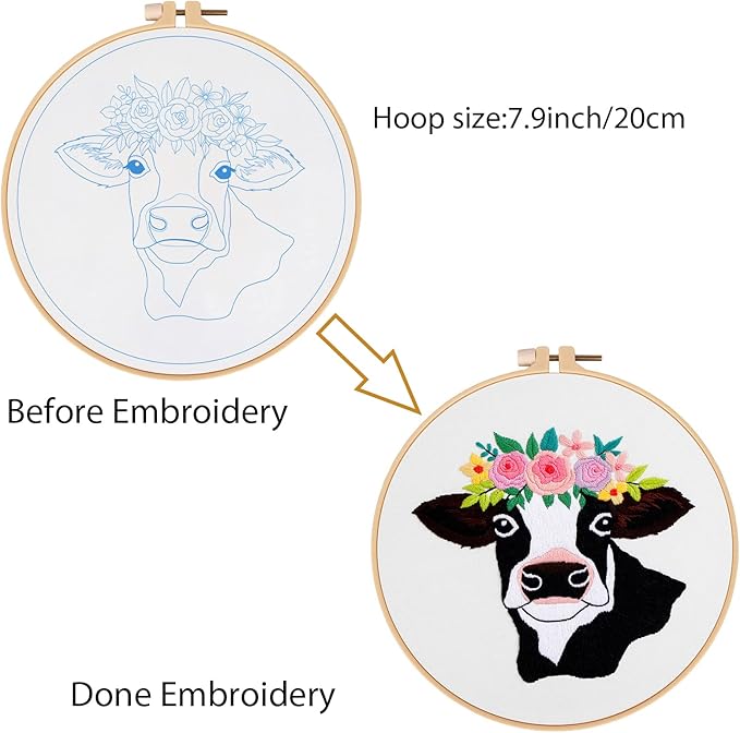 Louise Maelys Cow Beginners Embroidery Kits,Cross Stitch Starter kit for Adults with Embroidery Cloth Hoop Needles Instruction and Threads