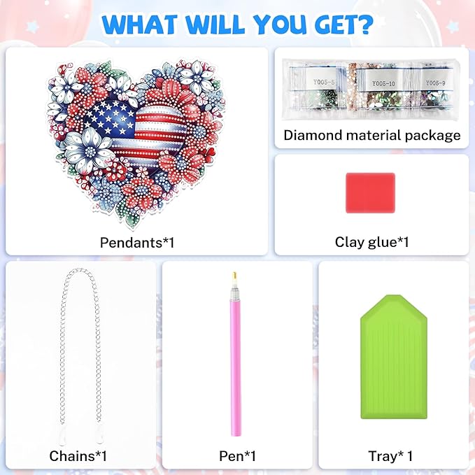 Bowetile 5D Patriotic Diamond Art Hanging Kits for Adults, Diamond Painting Heart Shape Flowers Pendant Kits, Special Shape USA Flag Gem Art Suncatcher Ornament for Home Window Wall Decor