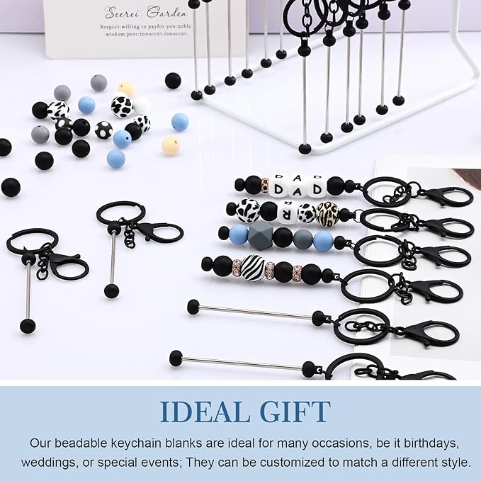 Tondiamo 24 Pcs Beadable Keychain Bars Bulk Beads for Keychain Making Kit Gifts for Women Men DIY Crafts(Black)